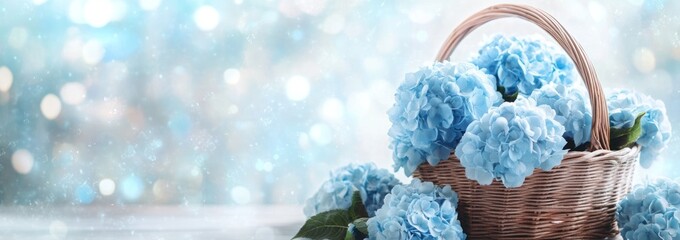 Light blue hydrangeas in a wicker basket on a bokeh background.