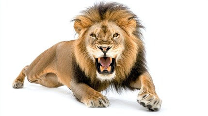 Fototapeta premium Roaring Male Lion on White Background