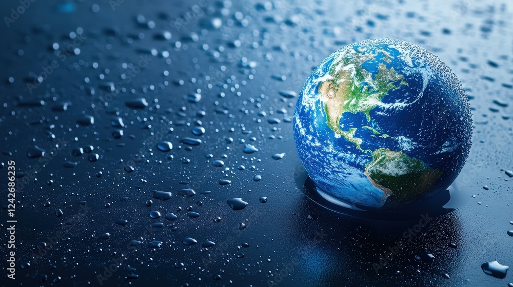 Poster earth in water droplets: a close-up view of our beautiful planet with droplets creating a stunning v