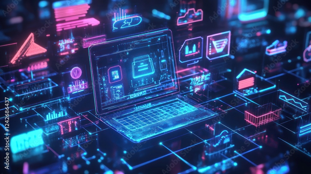Poster futuristic laptop displaying digital data and network connections.