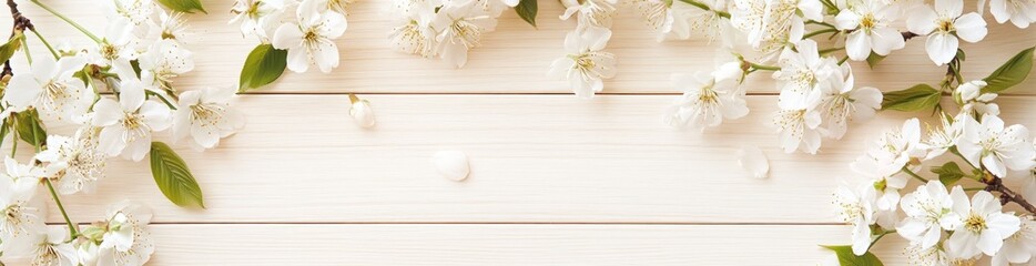 White blossoms frame on light wooden planks background.