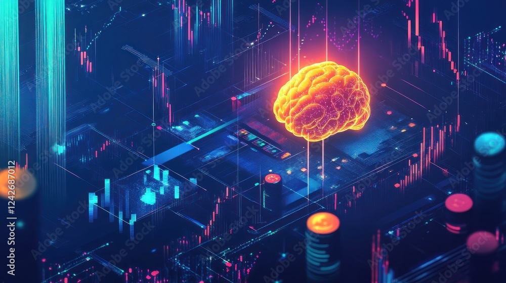 Poster abstract digital brain in futuristic cityscape with data streams and charts.