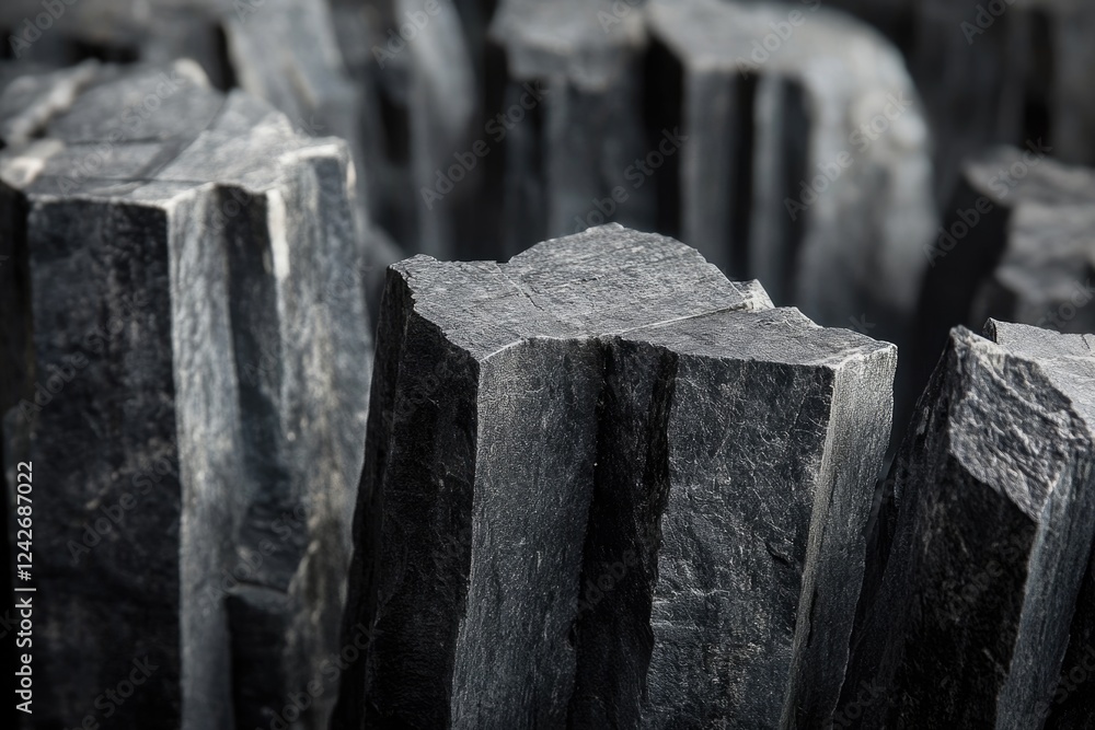 Poster close-up view of dark, rough-textured, vertically stacked stone blocks, creating a dramatic, almost 