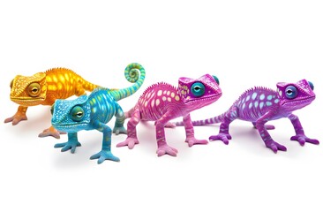 Fototapeta premium Three vibrant chameleons in a row display bright colors