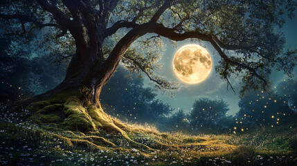 Naklejka premium Mystical Moonlit Oak - Ideal for Fantasy Art Prints & Nature-Themed Promotions