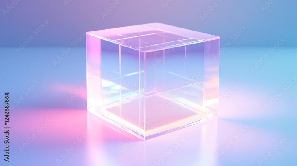Poster a minimalist scene featuring a transparent holographic cube, perfect for use in high-tech product di