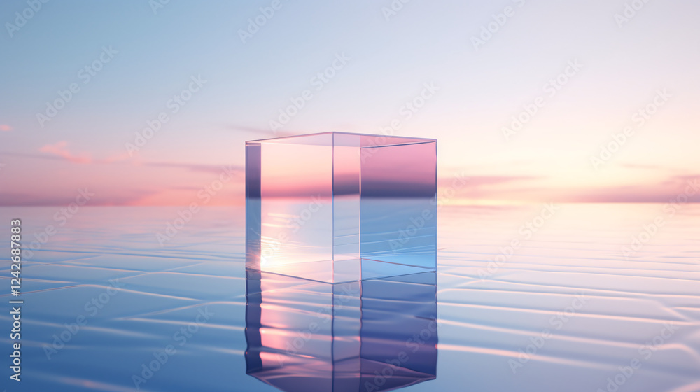 Poster a minimalist scene featuring a transparent holographic cube, perfect for use in high-tech product di
