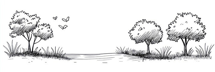 Fototapeta premium Sketch of trees grass and butterflies in a landscape
