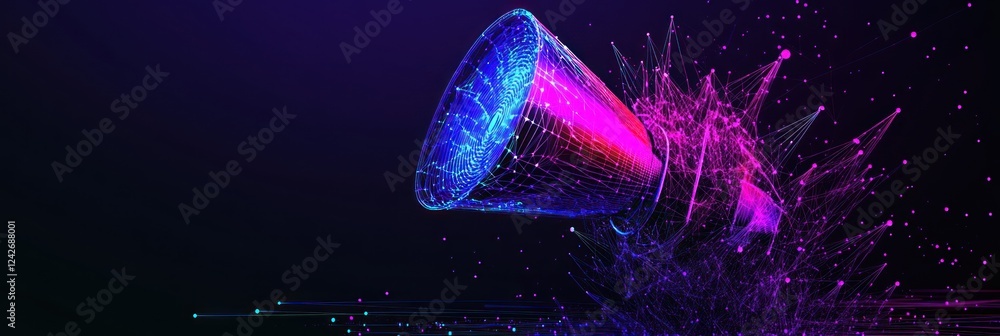Aufkleber abstract digital megaphone exploding with colorful particles.