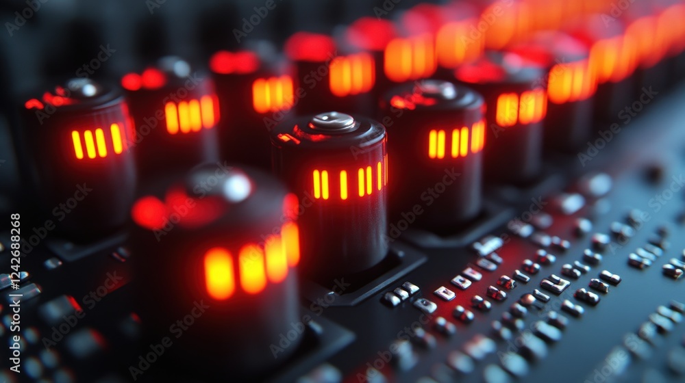 Poster close-up of illuminated audio mixer knobs showcasing vibrant red lights in a studio setting