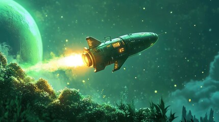Fototapeta premium Green Spaceship Launching Near Alien Planet