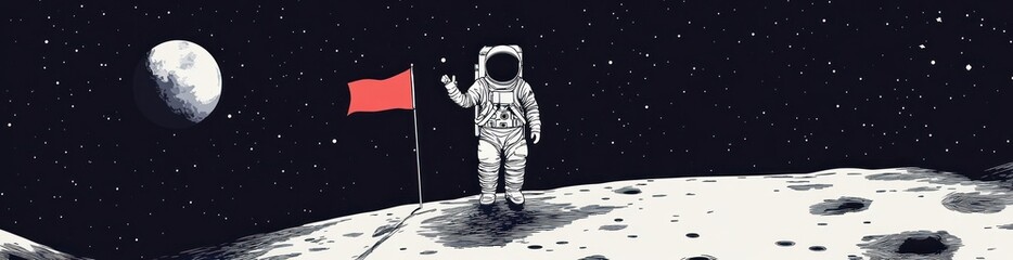 Astronaut planting a red flag on the moon's surface under a starry night sky.