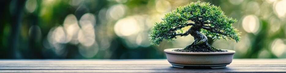 Miniature bonsai tree in a brown pot on a wooden surface with a blurred green background.