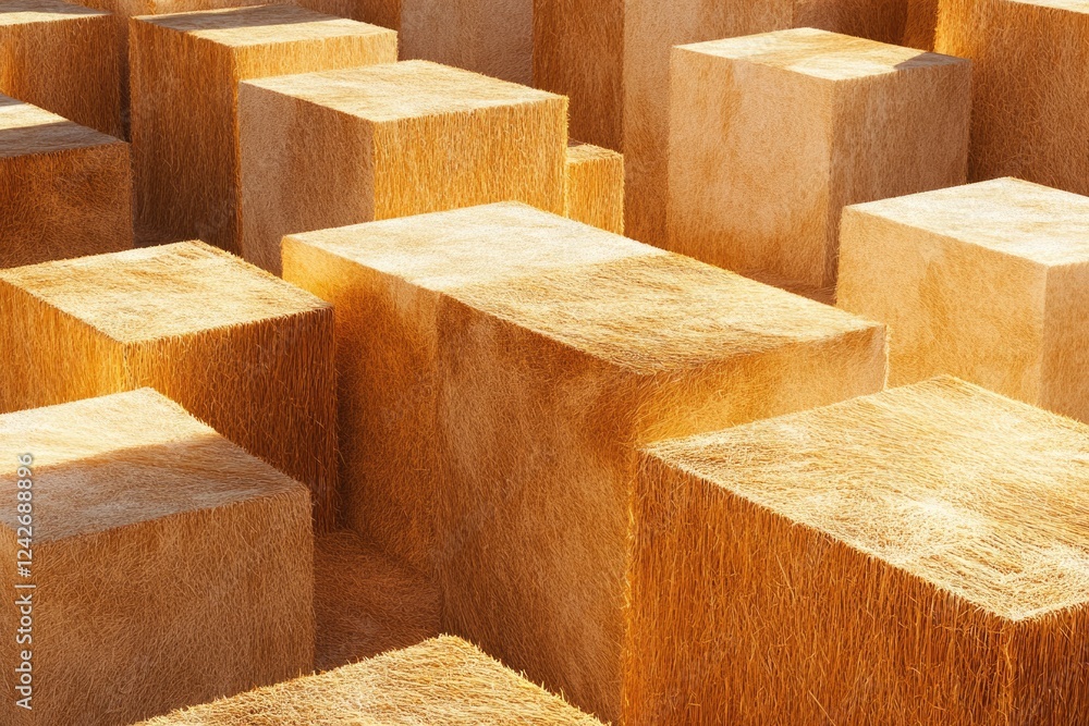 Poster a mesmerizing abstract view of golden hay bales forming a complex geometric pattern under sunlight.