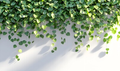 Lush green ivy cascading down a white wall, sunlight filtering through, ideal for nature backgrounds