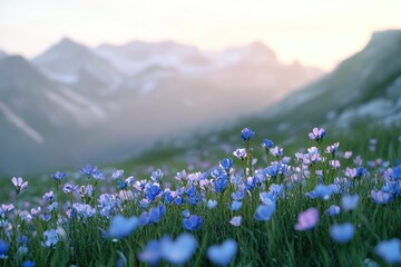 Obraz premium Vibrant blue wildflowers bloom in a lush field, set against a backdrop of majestic, sunlit mountains.