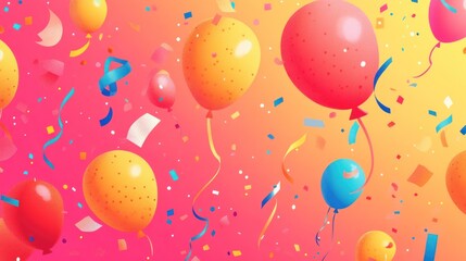 Colorful balloons and confetti floating on a vibrant gradient background, celebrating a festive occasion.