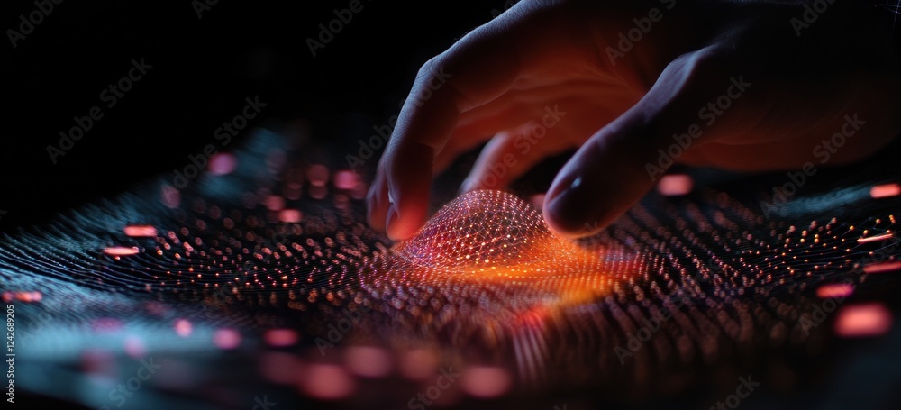 Aufkleber hand interacting with glowing, abstract data visualization.