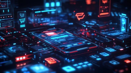 Fototapeta premium Futuristic mobile phone displaying digital data streams and interfaces.