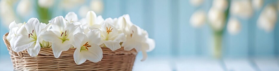 Delicate white flowers in a wicker basket against a soft blue background.