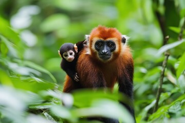Obraz premium Red-shanked douc langur mother carrying her baby in lush green rainforest.