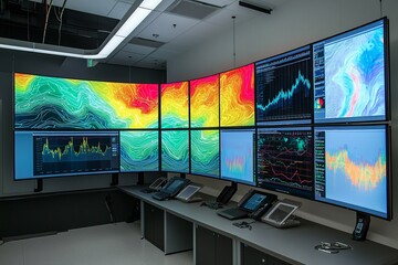 AI-generated climate models illustrate complex data visualizations and graphs on multiple screens in a state-of-the-art research laboratory