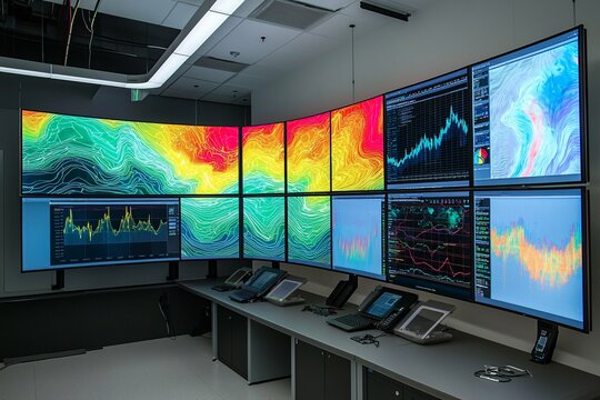 AI-generated climate models illustrate complex data visualizations and graphs on multiple screens in a state-of-the-art research laboratory
