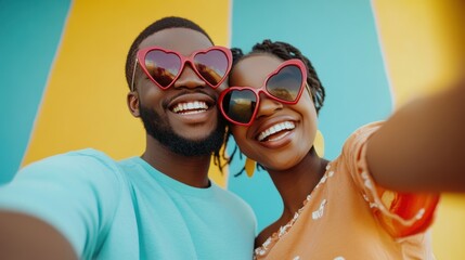 Smiling young couple in sunglasses enjoy summer beach fun together