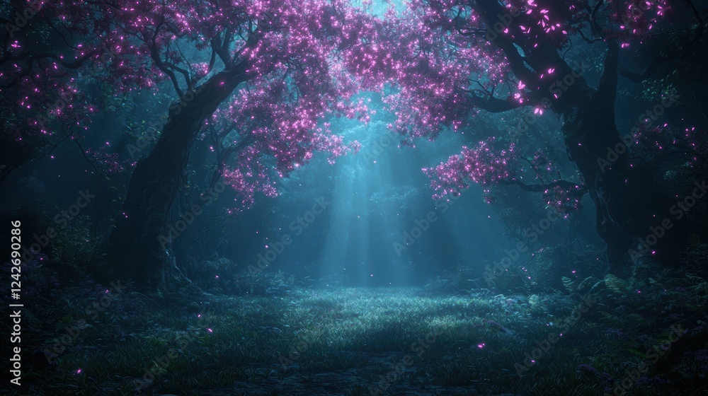 Poster mystical digital forest with luminous trees and ethereal light rays streaming downward
