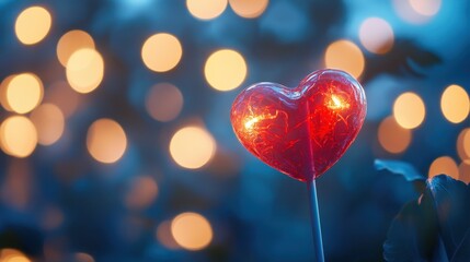 Bright red Christmas lights glow with a festive bokeh blur, creating a colorful holiday decoration