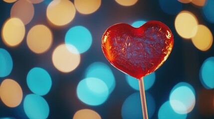 Heart-shaped confetti and candles scattered on a vibrant red background