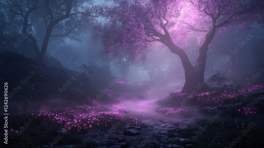 Poster enchanting dreamscape in a shimmering digital wonderland with lush trees and ethereal lights