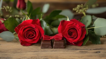 A beautiful bouquet of red roses, a symbol of love and romance, rests on a rustic wooden table