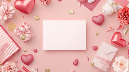 Valentine mockup card and heart background minimal. Romantic Hearts Floral Pink Decoration and Blank Card Ideal for Special Celebrations and Messages.