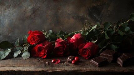 A beautiful red rose blossom on an old wooden background