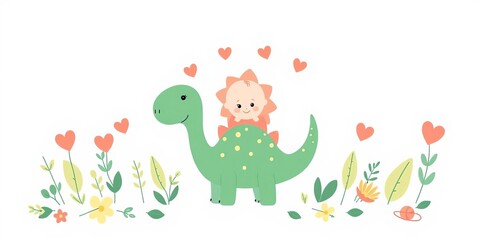 Obraz premium Sweet cartoon dinosaur card with baby animals, clouds, flowers, leaves, hearts, and trendy hand-drawn text in flat Scandinavian style, white background, baby, vector illustration