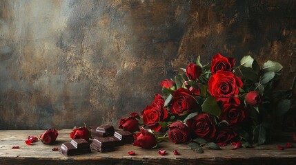 A red rose bouquet, a floral Christmas decoration on an old wooden background