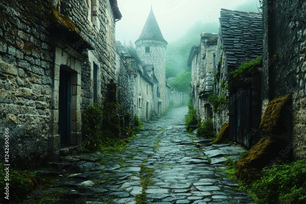 Canvas Prints Misty cobblestone street in a quaint, ancient stone village with a tower.