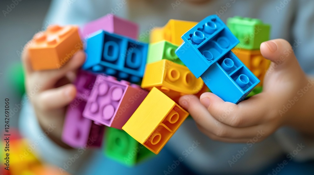 Poster the joy and creativity of playtime showcased as a child holds a collection of colorful building bloc