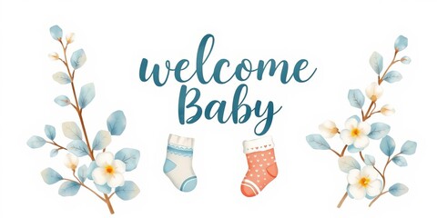 Watercolor illustration of a welcome baby card with socks cotton and eucalyptus, perfect for baby shower invitations and printing, watercolor, welcome baby, eucalyptus