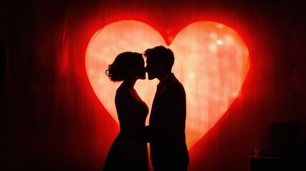 Silhouette of a couple in love kissing under a red heart
