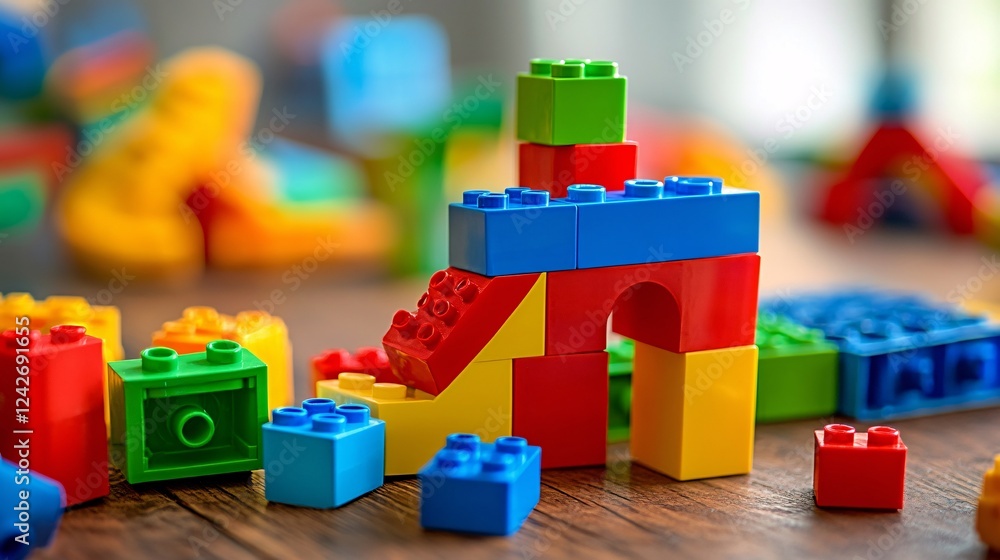 Aufkleber Colorful building blocks are scattered on a wooden floor, showing a partially built structure and other toys in the background
