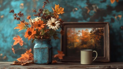 Autumn-themed vase mockup, filled with autumn-colored florals, a rustic frame with a fall photograph