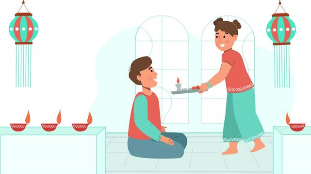 Animate Bhai Duj celebrations with a flat character design, showcasing the rituals and joy of the festival, ideal for festive greetings and cultural content.