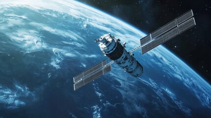Blue lines of technology connect Earth, a distant planet, and a lone satellite in the abstract space