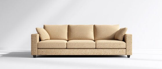 A modern beige sofa with cushions against a plain white wall, ideal for home decor.