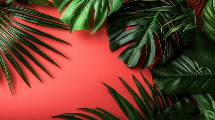 A vibrant arrangement of tropical leaves against a coral background.