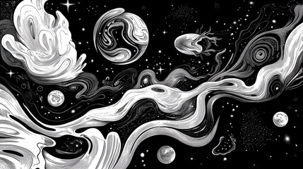 A black and white abstract floral pattern design with artistic swirls