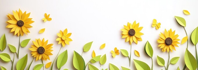 Paper craft sunflowers and butterflies on white background.