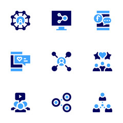 Social networking icon set. Bold style. Duotone colors. socialnetworks, socialnetwork, connection, socialmedia, videoplayer, share, smartphone, feedback, computer